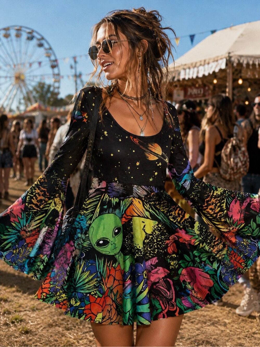 NWT Current Mood X Dolls Kill Long Bell Sleeve Alien Print Velour Dress Small